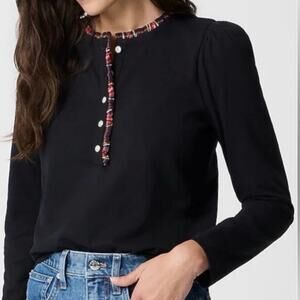 J Crew Factory Tartan and Jewels Long Sleeve Henley Top Women's XL Black